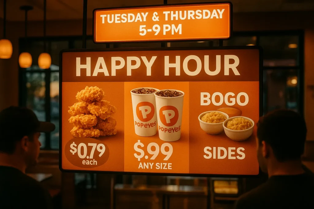 Popeyes Happy Hour menu board with Tuesday/Thursday specials