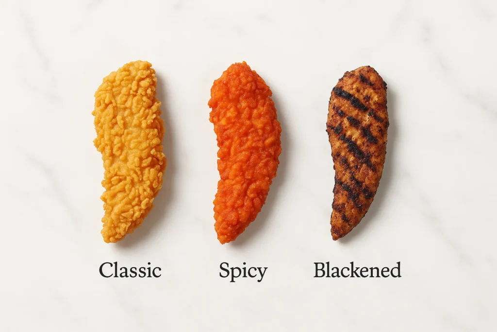 Comparison of Popeyes Classic, Spicy, and Blackened chicken tenders.