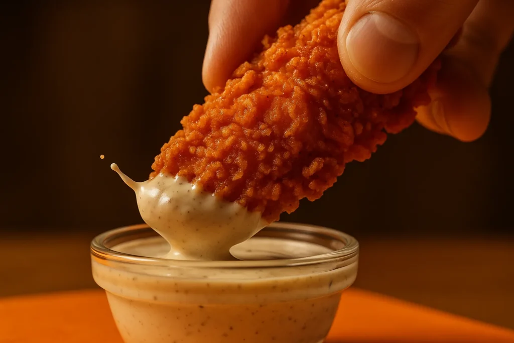 Dipping a Popeyes chicken tender into a cup of Blackened Ranch sauce.