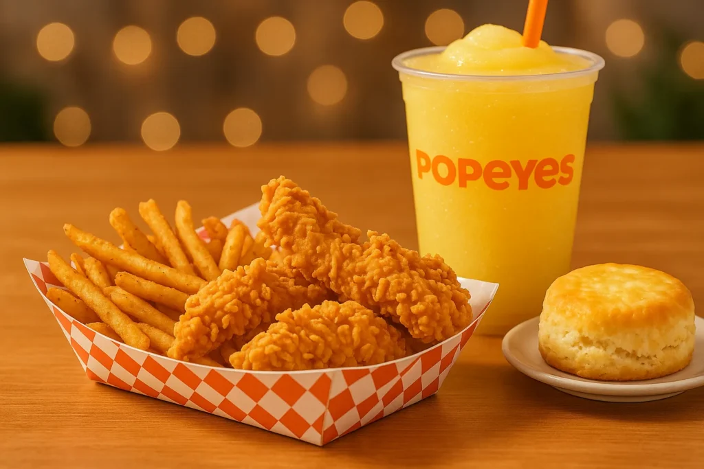 A Popeyes combo meal with chicken tenders, Cajun fries, a biscuit, and a drink.