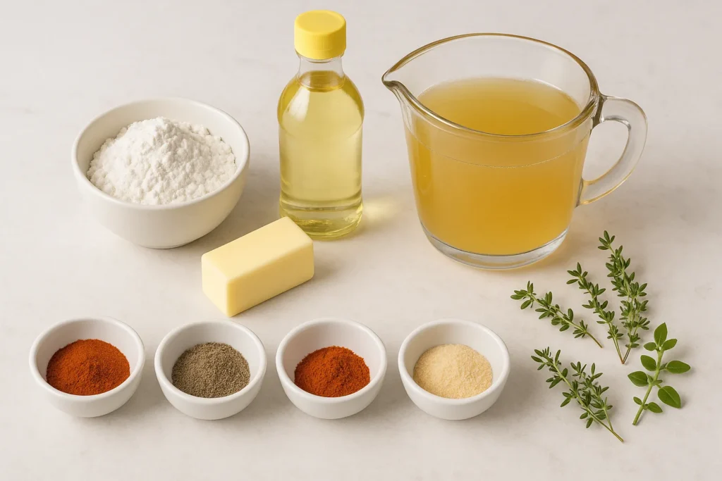 Lineup of ingredients for making copycat Popeyes gravy recipe, including flour, butter, broth, and spices.