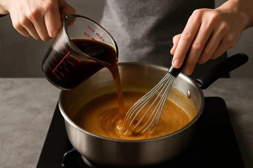 Whisking broth into a roux to create the base for homemade Popeyes-style gravy.