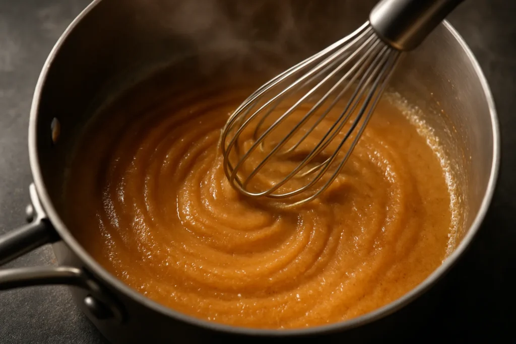 Close-up of a golden brown roux being whisked in a pan for a Popeyes gravy recipe.