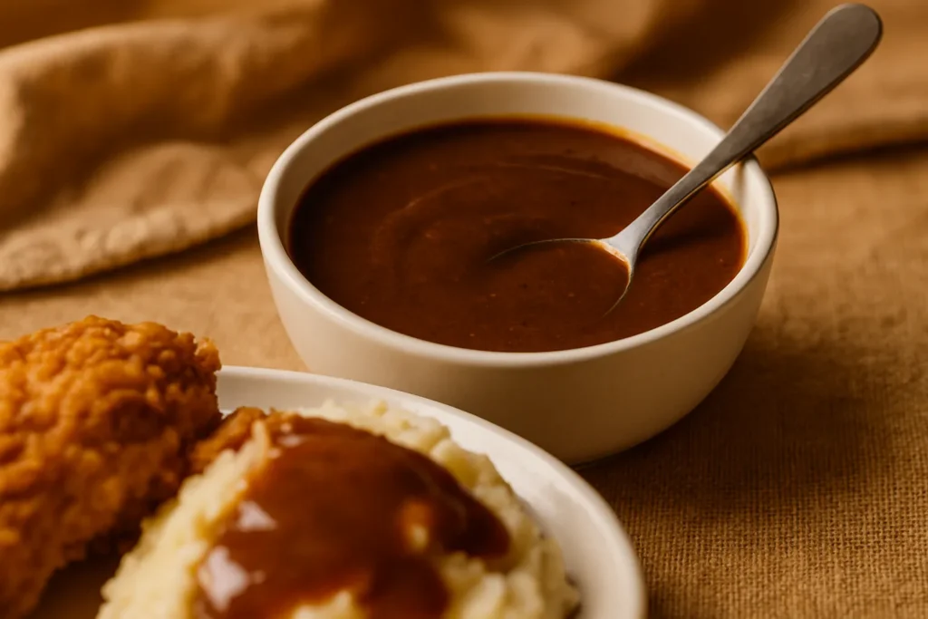 A bowl of finished copycat Popeyes gravy served with fried chicken and mashed potatoes.