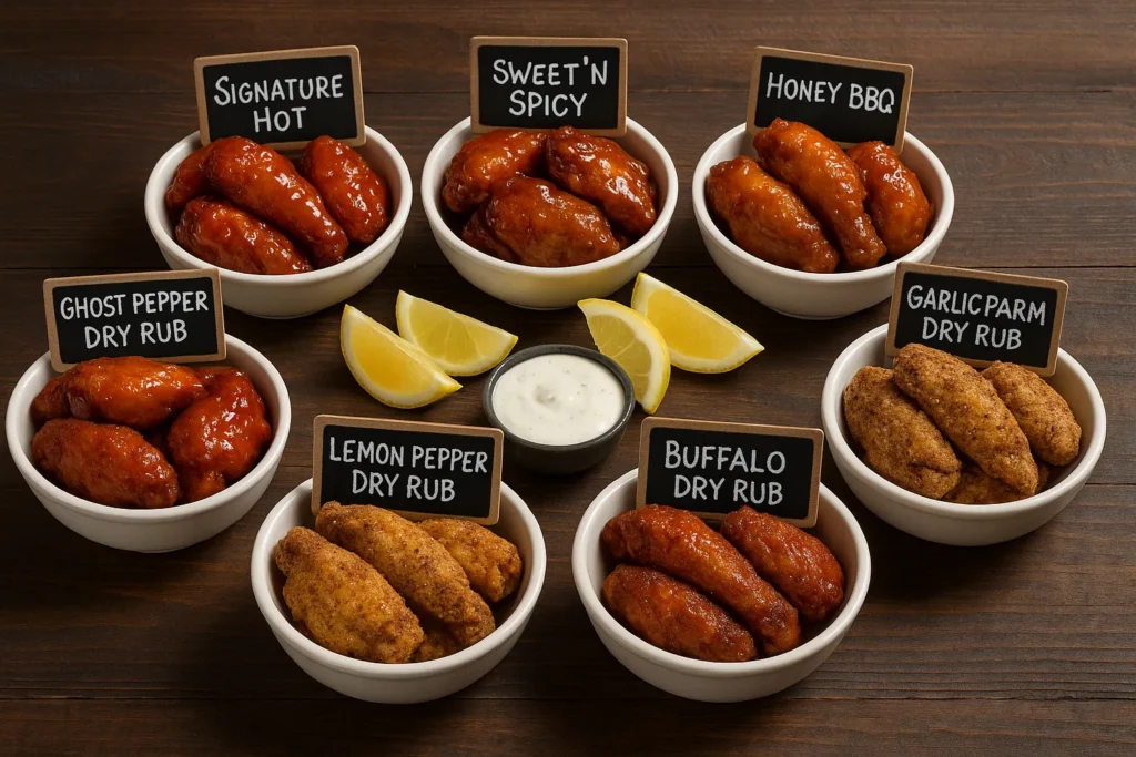 Flat lay showing all seven flavors of the relaunched Popeyes wings, including sauced and dry rub options, with labels for each.