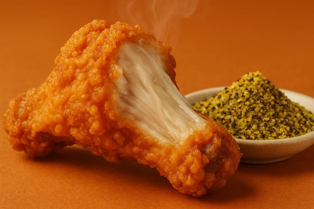 Macro close-up of a crispy Popeyes wing cut in half, showing juicy chicken inside, next to a pile of lemon pepper seasoning.