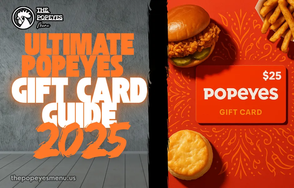 Popeyes gift card guide 2025 with chicken sandwich and Cajun fries