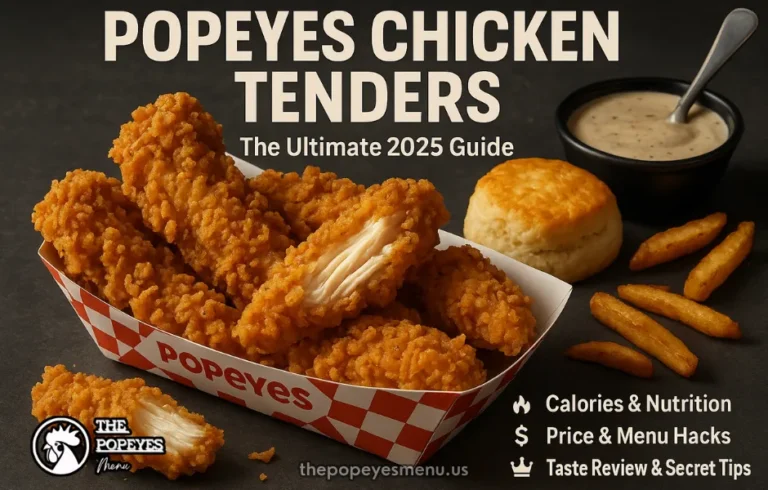 Featured image for the Ultimate Guide to Popeyes Chicken Tenders in 2025, showing crispy tenders, dipping sauce, a biscuit, and text highlighting calories, price, and reviews.