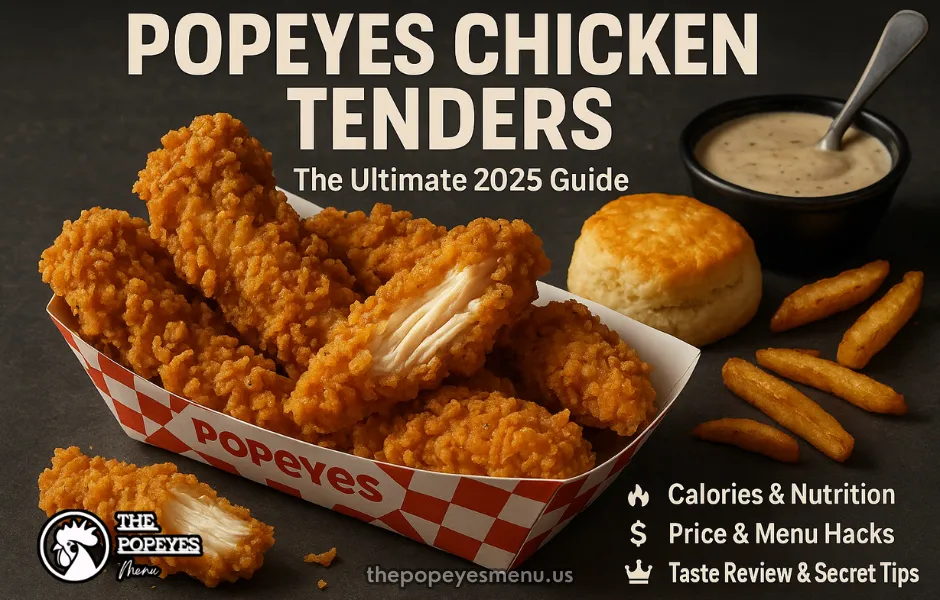 Featured image for the Ultimate Guide to Popeyes Chicken Tenders in 2025, showing crispy tenders, dipping sauce, a biscuit, and text highlighting calories, price, and reviews.