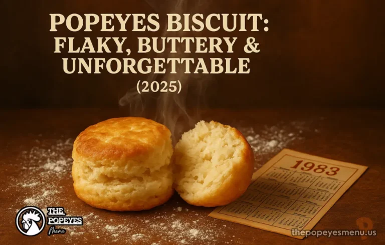 Freshly baked Popeyes biscuit split open with steam, featuring 2025 guide title