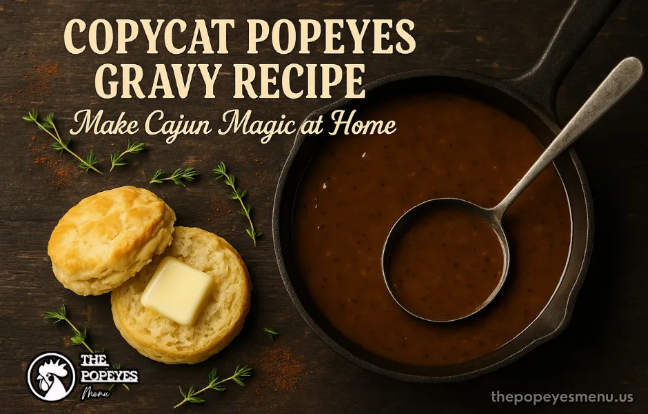 A cast-iron skillet of homemade Popeyes-style Cajun gravy with a ladle and a biscuit, featuring the title 'Copycat Popeyes Gravy Recipe'