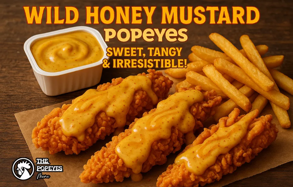 Wild Honey Mustard Popeyes' Sauce drizzled on chicken tenders and fries with promotional text.