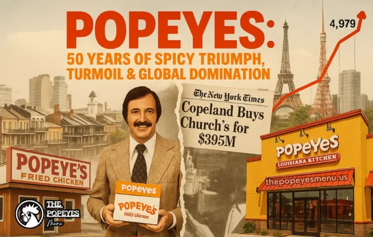 Collage: Popeyes history, store, Al Copeland, 1989 Church’s acquisition headline, New Orleans skyline, global landmarks, and growth timeline graph.
