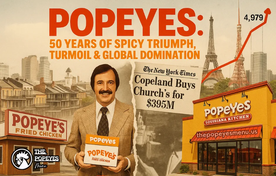 Collage: Popeyes history, store, Al Copeland, 1989 Church’s acquisition headline, New Orleans skyline, global landmarks, and growth timeline graph.
