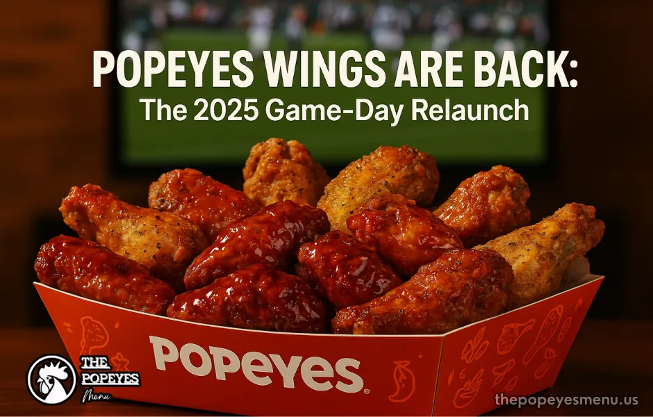 A vibrant box of Popeyes new wings featuring both sauced and dry-rub flavors, with a football game on TV in the background.