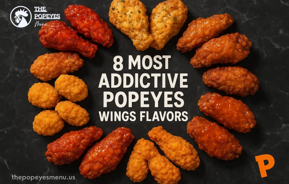 Assortment of Popeyes wings flavors with ranking title.