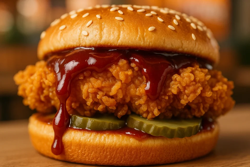 Close-up of Popeyes Golden BBQ Sandwich texture: crispy chicken, BBQ sauce, pickles.