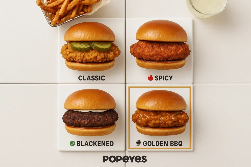 Popeyes menu comparison: Golden BBQ Sandwich vs. Classic, Spicy, Blackened.