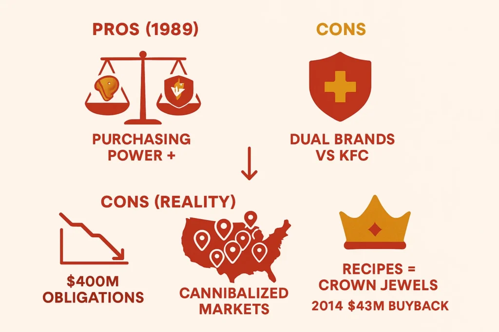 Illustration: Scale benefits vs. debt risks of Church’s deal; recipe IP’s strategic value.