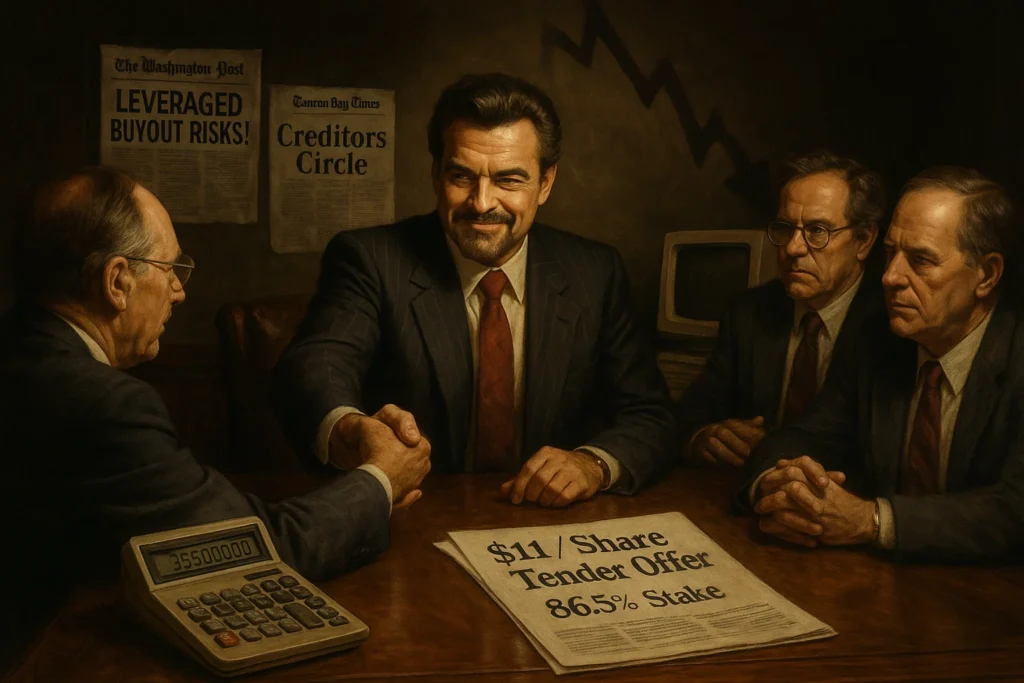 Al Copeland finalizing Church’s Chicken acquisition in 1989 amid debt warnings and headlines.