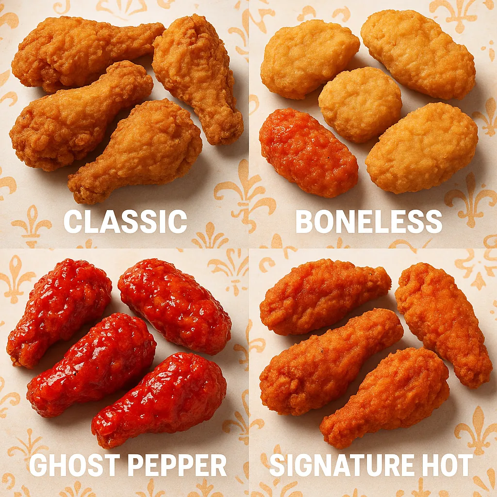 Popeyes wings variations: bone-in, boneless, ghost pepper, signature hot.