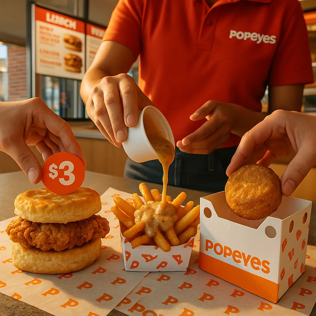 Customer creating secret US breakfast: chicken biscuit sandwich and gravy fries at Popeyes counter
