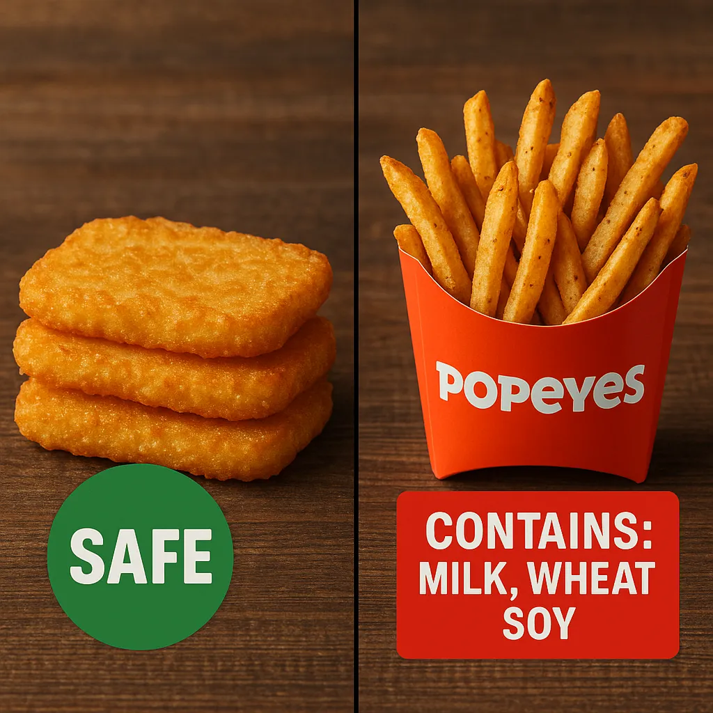 Popeyes hash browns (allergen-free) vs Cajun fries (contains allergens)