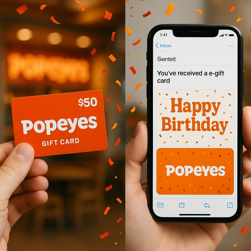 Physical Popeyes gift card vs digital e-gift card comparison
