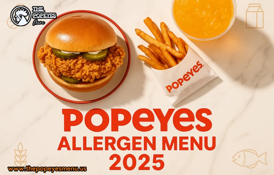 Popeyes Allergen Menu 2025 guide with chicken sandwich, fries, and drink
