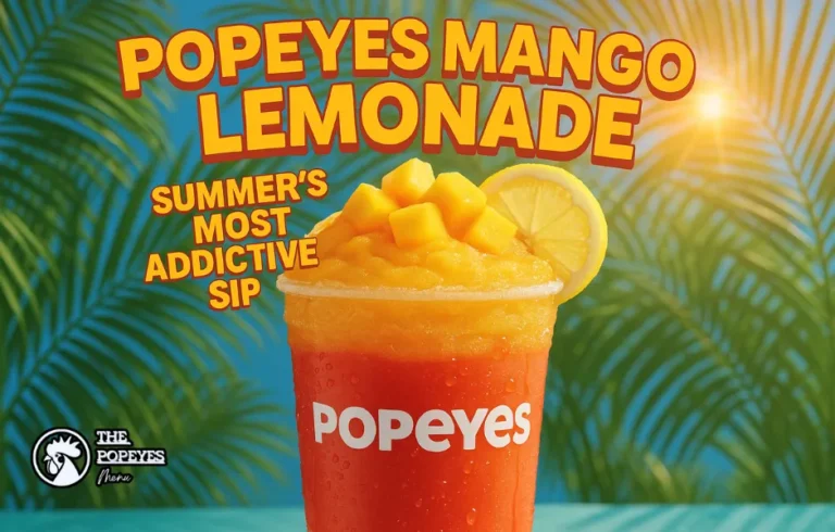 Popeyes Mango Lemonade slush cup with tropical garnish and title text.