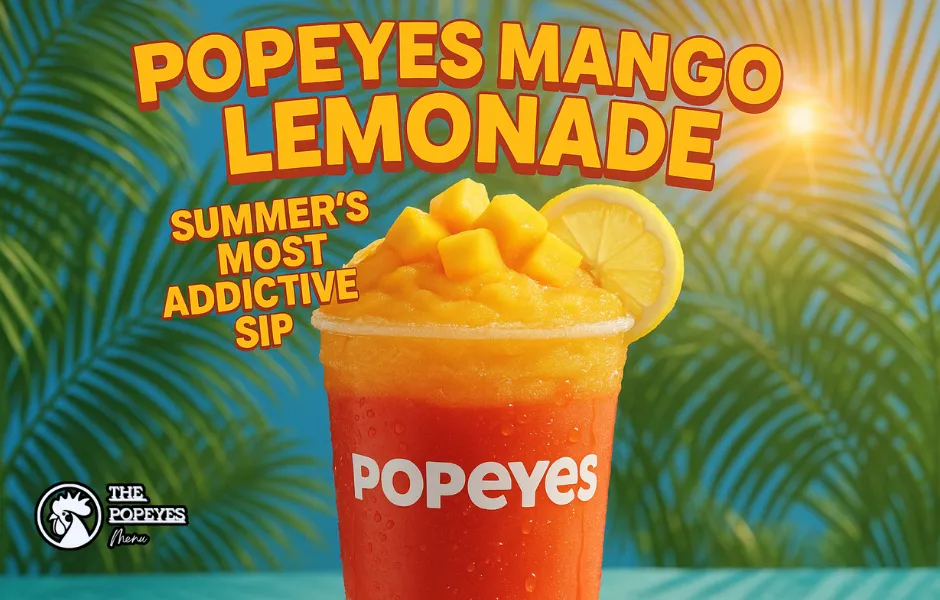 Popeyes Mango Lemonade slush cup with tropical garnish and title text.