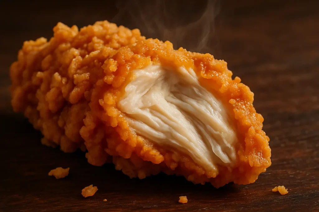 Close-up of a juicy Popeyes Spicy Chicken Tender showing the crispy crust and tender interior.