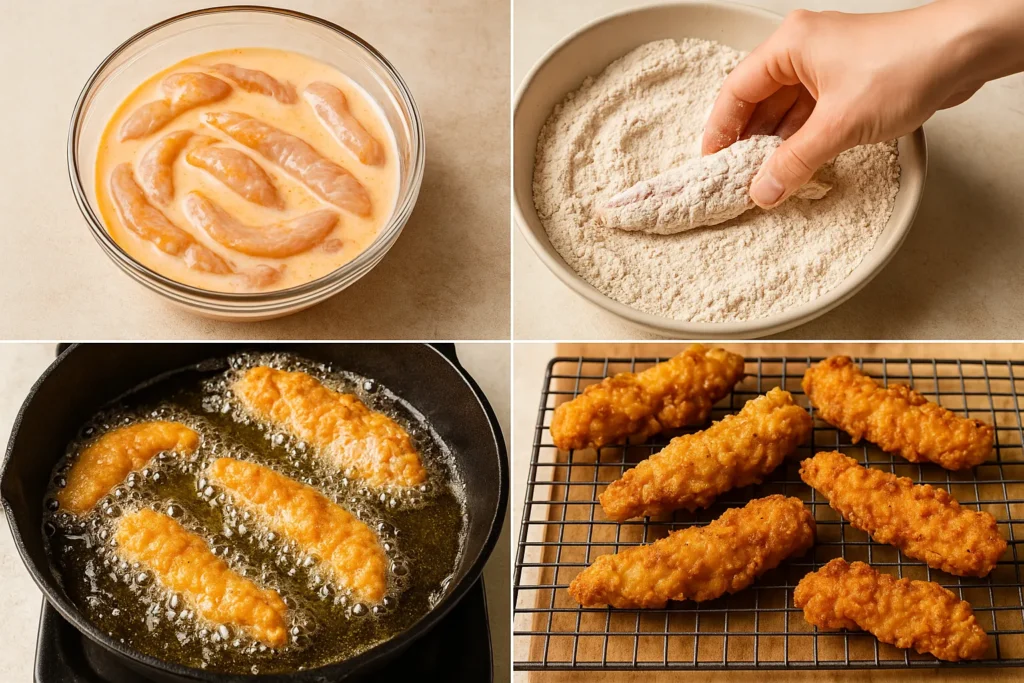 Step-by-step collage for making homemade copycat Popeyes spicy chicken tenders.