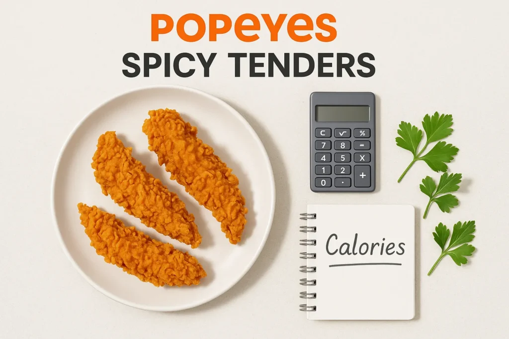 Popeyes three-piece spicy tenders with nutrition information theme flatlay.