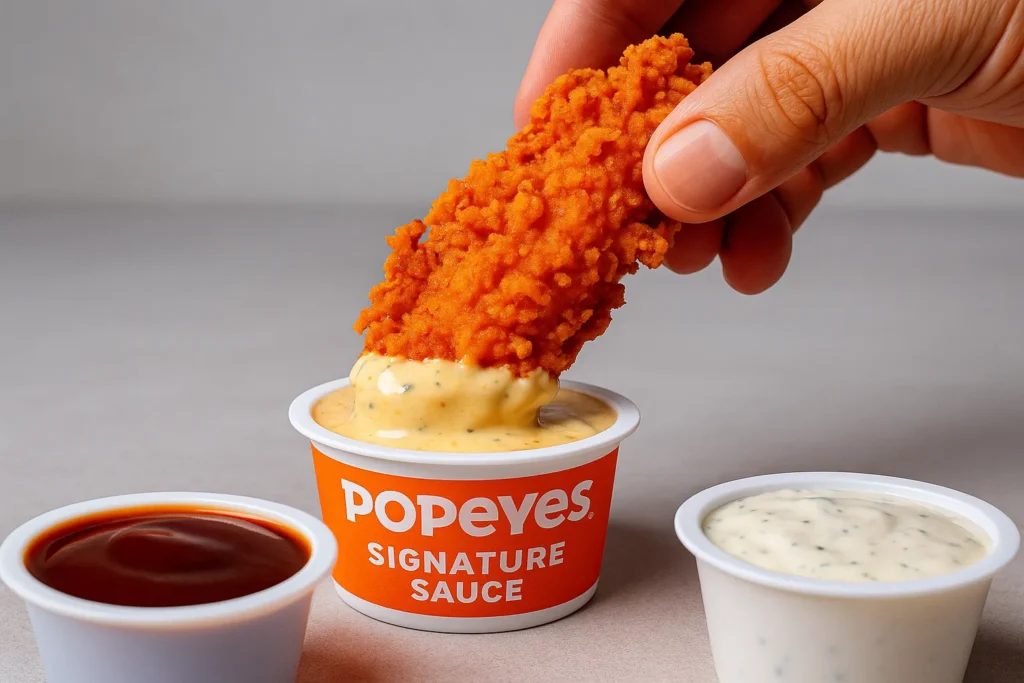 Dipping a Popeyes spicy tender into a cup of creamy signature sauce.