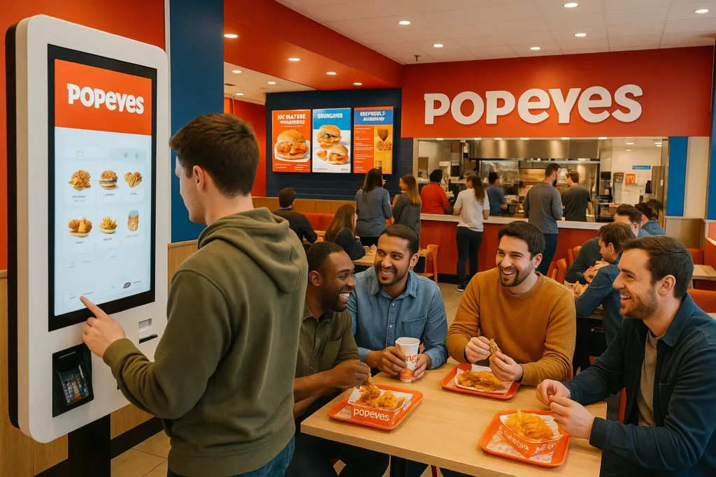 Interior of a modern Popeyes UK restaurant showing customers dining and using a self-service kiosk.