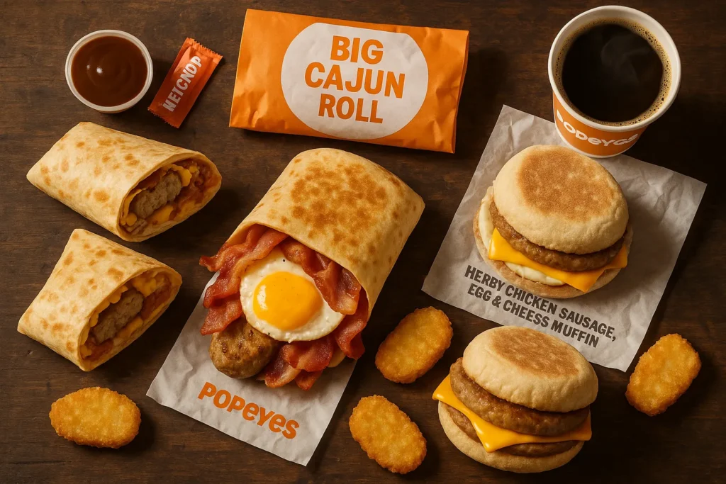 A flat lay of the Popeyes UK breakfast menu, featuring the Big Cajun Roll, breakfast wrap, muffins, coffee, and hash browns.