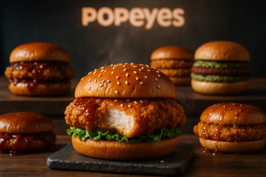 A selection of Popeyes UK's signature chicken sandwiches, including the Classic, Spicy, Hot Honey, and Louisiana BBQ varieties.