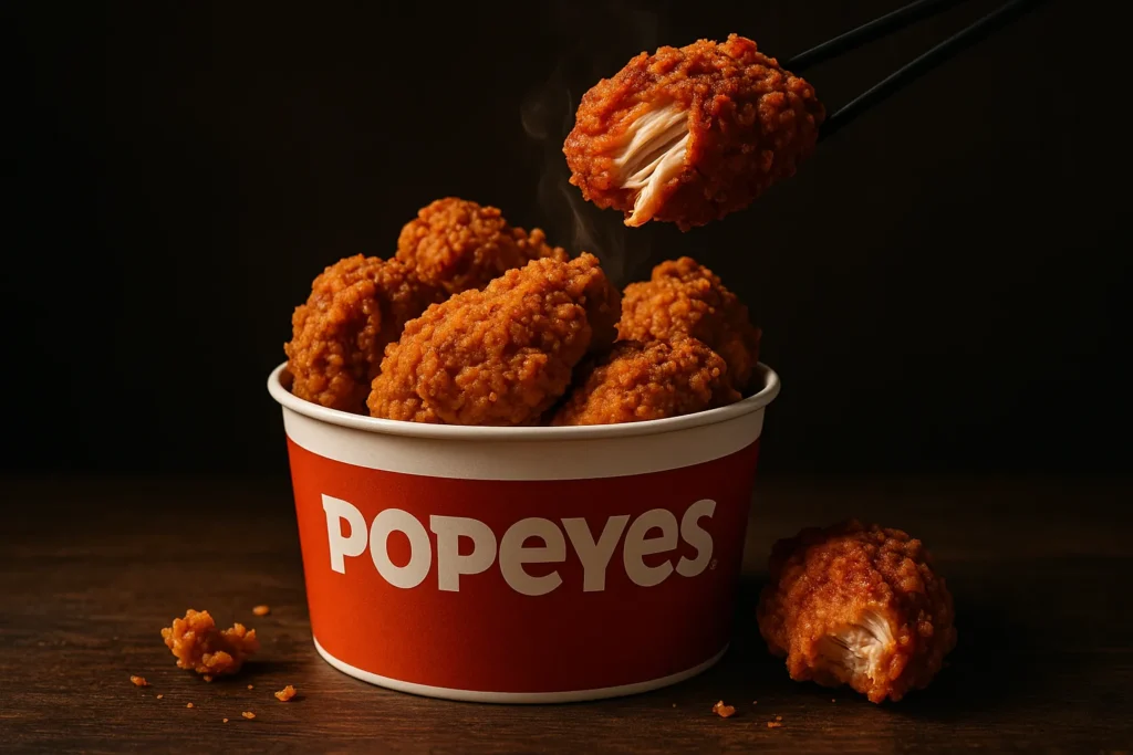A bucket of Popeyes UK's famous bone-in chicken, featuring golden-brown classic and spicy pieces with juicy, pulled-apart meat.
