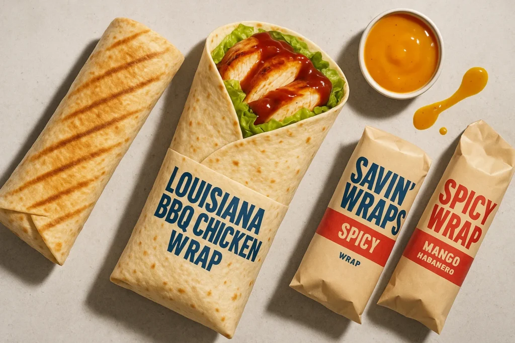 A selection of Popeyes UK wraps including the Louisiana BBQ Chicken Wrap, Spicy Chicken Wrap, and mini Savin' Wraps.