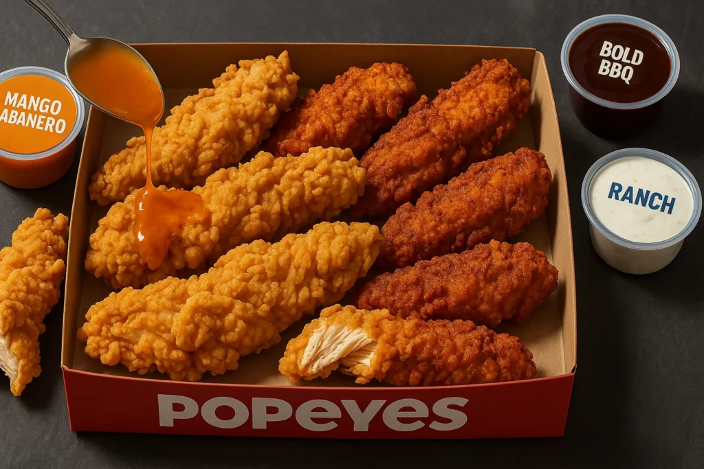 A tray of Popeyes UK's golden-brown chicken tenders, both classic and spicy, with a selection of dipping sauces.
