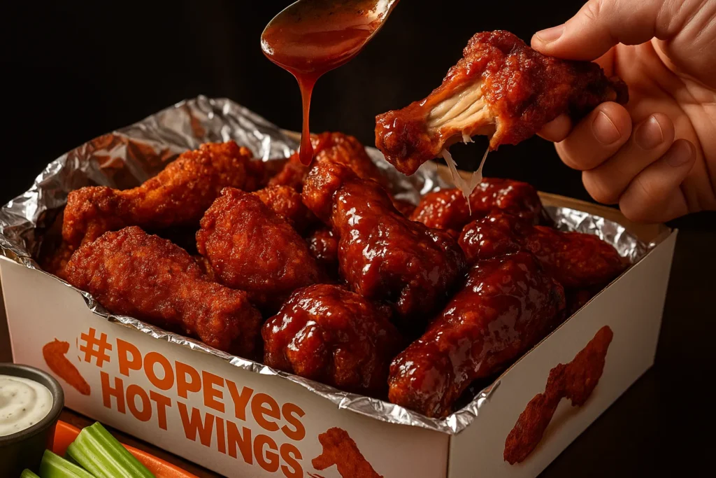 A close-up of Popeyes UK's Hot Wings and Louisiana BBQ Saucin' Wings, showcasing their crispy texture and glistening sauces.