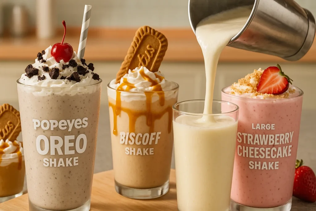 A selection of Popeyes UK's hand-spun milkshakes, including Oreo, Biscoff, and Strawberry Cheesecake flavors.