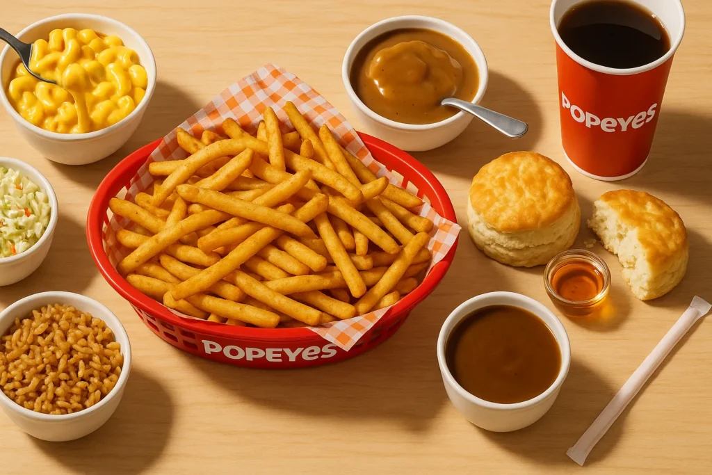 A flat lay of all Popeyes UK side dishes, including Cajun Fries, Mac & Cheese, Mashed Potatoes with Gravy, a Buttermilk Biscuit, Coleslaw, and Cajun Rice.
