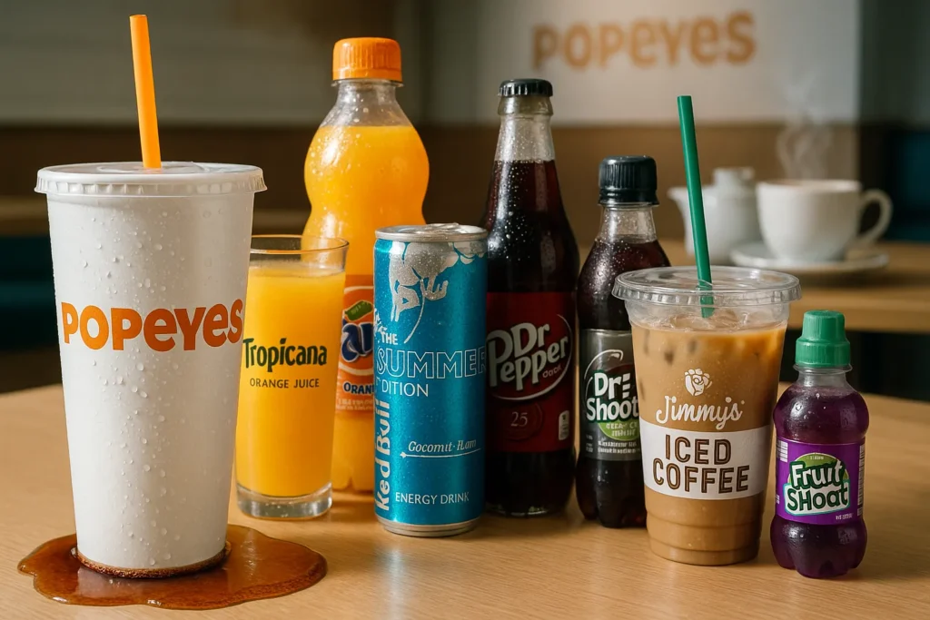 A selection of cold and hot drinks from Popeyes UK, including soft drinks, juice, Red Bull, iced coffee, and hot beverages.