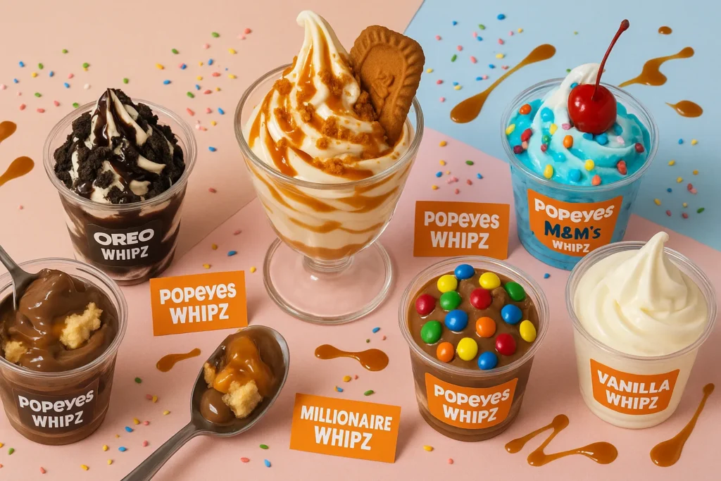 A selection of Popeyes UK's Whipz soft-serve sundaes, including Biscoff, Oreo, Smurfberry, and Millionaires flavors.
