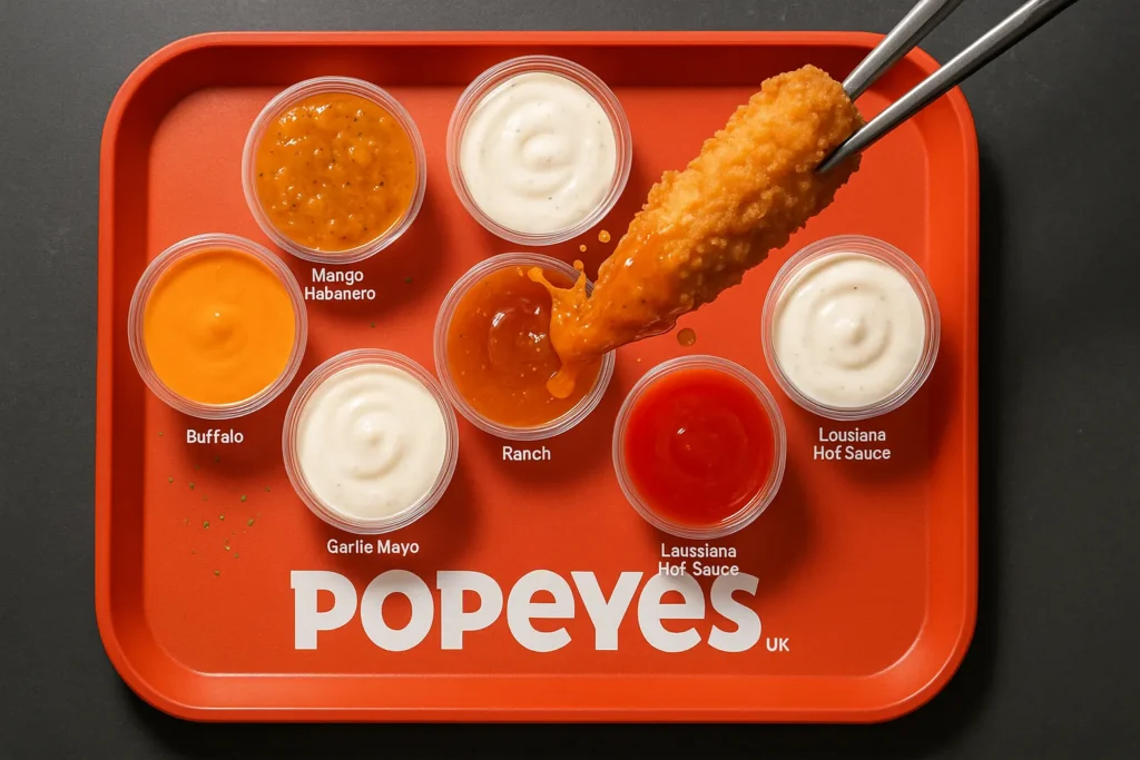 An overhead view of all eight Popeyes UK dipping sauces, including Mango Habanero, Hot Honey, Ranch, and Bold BBQ, with a chicken tender dipping into one.