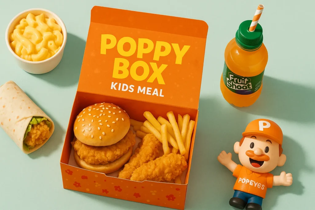 The Popeyes UK Poppy Box Kids Meal, showing a mini chicken sandwich, tenders, fries, a drink, and a toy.