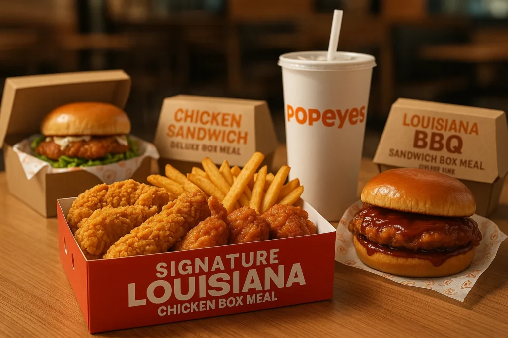 A selection of Popeyes UK combo box meals, featuring a Signature Louisiana Chicken box with tenders and wings, and a Chicken Sandwich Deluxe box.