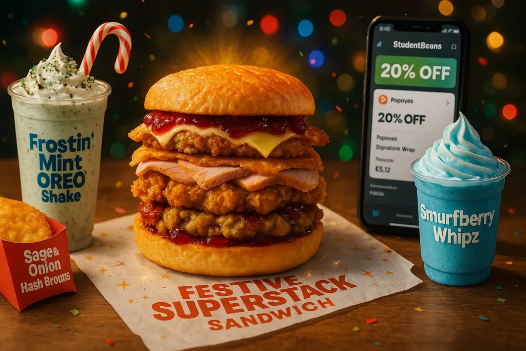 A collection of Popeyes UK's limited-time offers, including the Festive Superstack sandwich, Smurfberry Shake, Frostin' Mint Oreo Shake, and a smartphone showing a student discount.